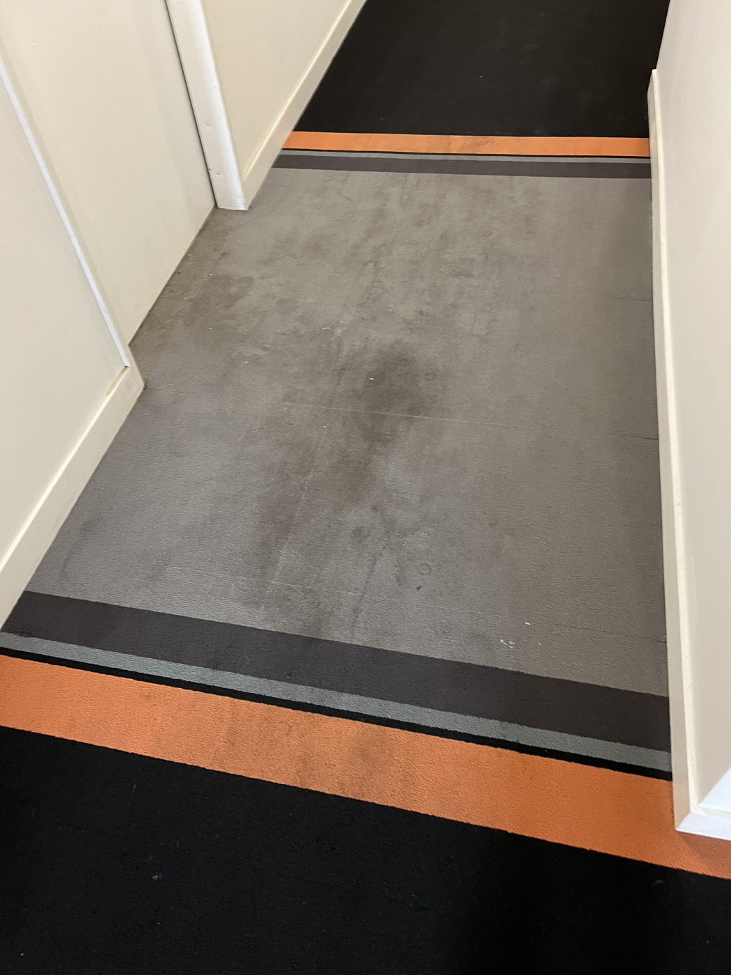Before — stained corridor carpet